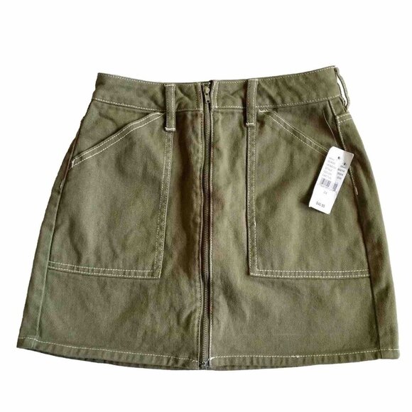 PacSun Utility Olive Green‎ Zip Denim Mini Skirt 24 - Picture 1 of 6